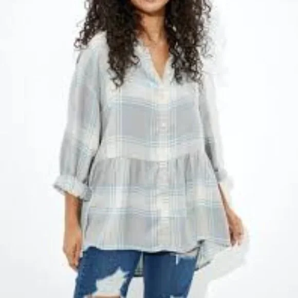 ✅ American Eagle AE Oversized Babydoll Plaid Shirt BLUE/WHITE/GREY SIZE SMALL - Picture 1 of 7